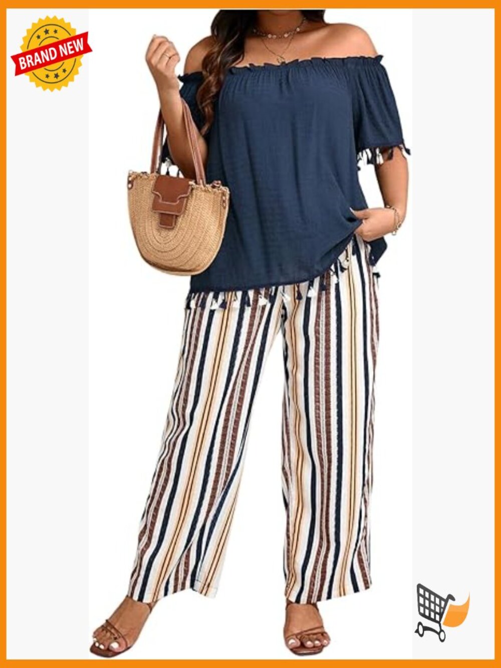 Plus Size 2 Piece Off Shoulder Top & Striped Pants Set